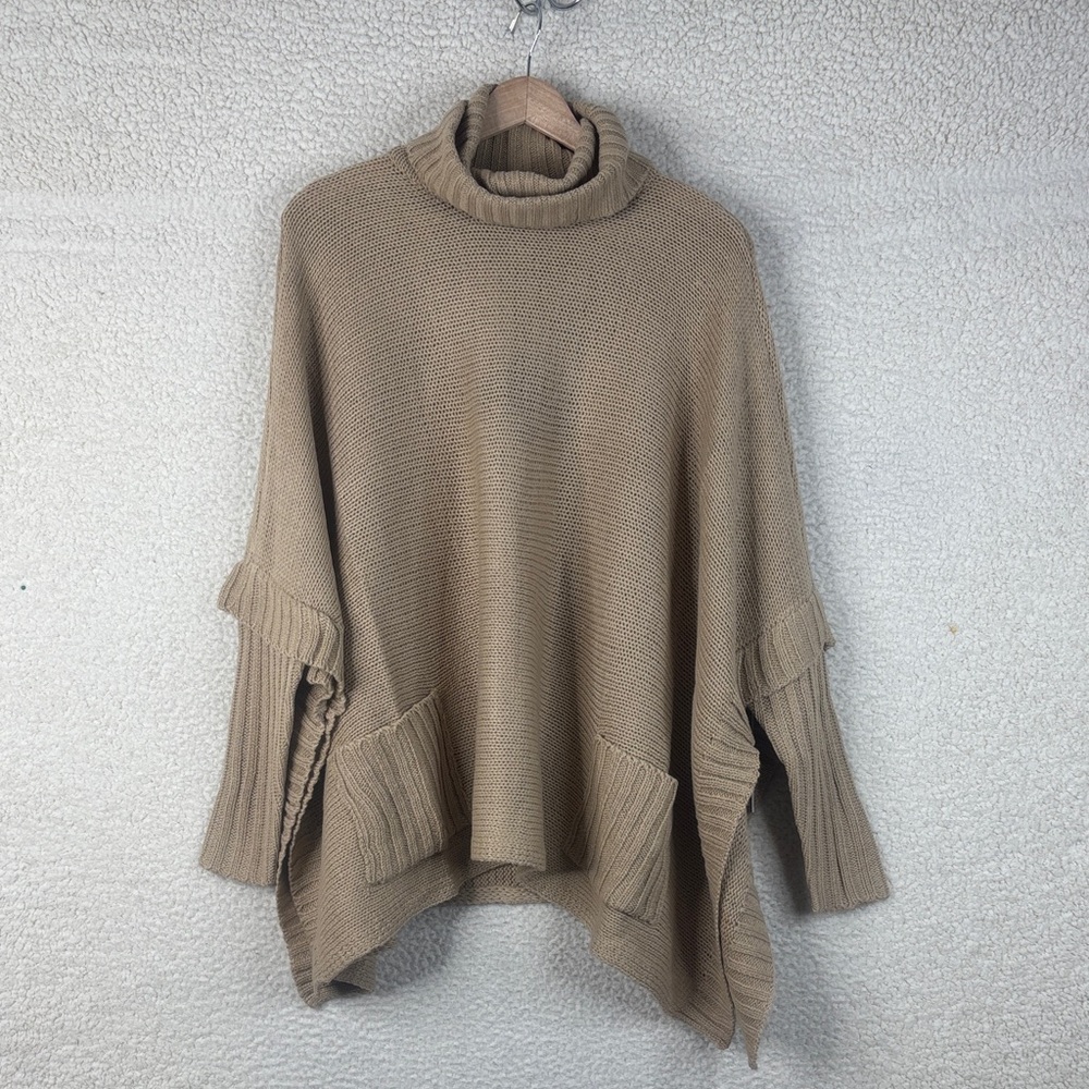 NWT Noir Womens Tan Cotton Blend Turtleneck 2 Pockets Poncho Sweate Size XS